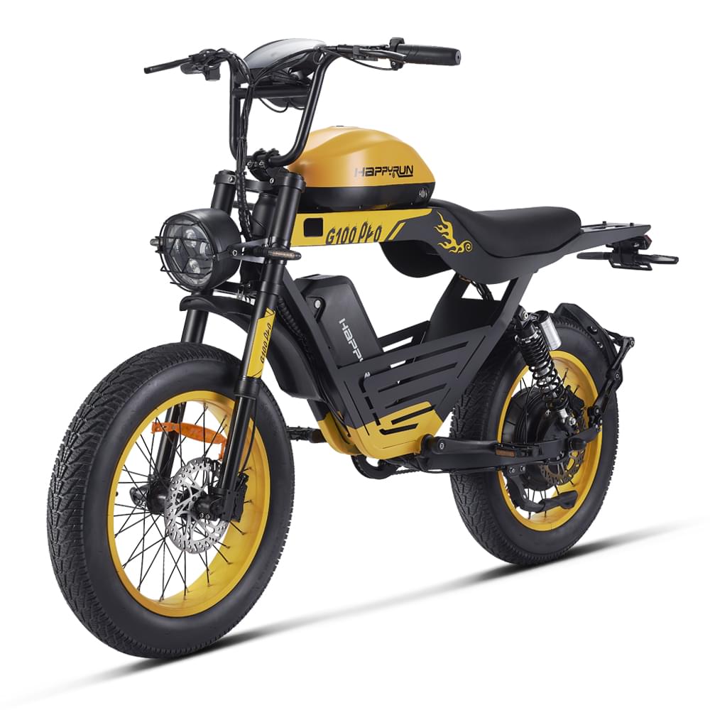 Yellow HappyRun G100 Pro Dual battery Electric Cargo Bikes. Off-road, all terrain E-bikes with 72V 6000W motor system, fat-tire cruisers to sleek urban commuters. NFC unlock and LED Display, Hydraulic disc drakes, Full Suspension. HappyRun G100 e-bike is similar to Freego Flash F3 Pro Max Dual Motor 750W eBike 55Ah Battery 34 MPH, Voltvogue BK-20 Adult Electric Bike, Segway Xyber Electric Bike, Freego Flash F3 Pro Max Electric Bike, Cheetah MT-380 Dual-Motor Electric Motorbike.