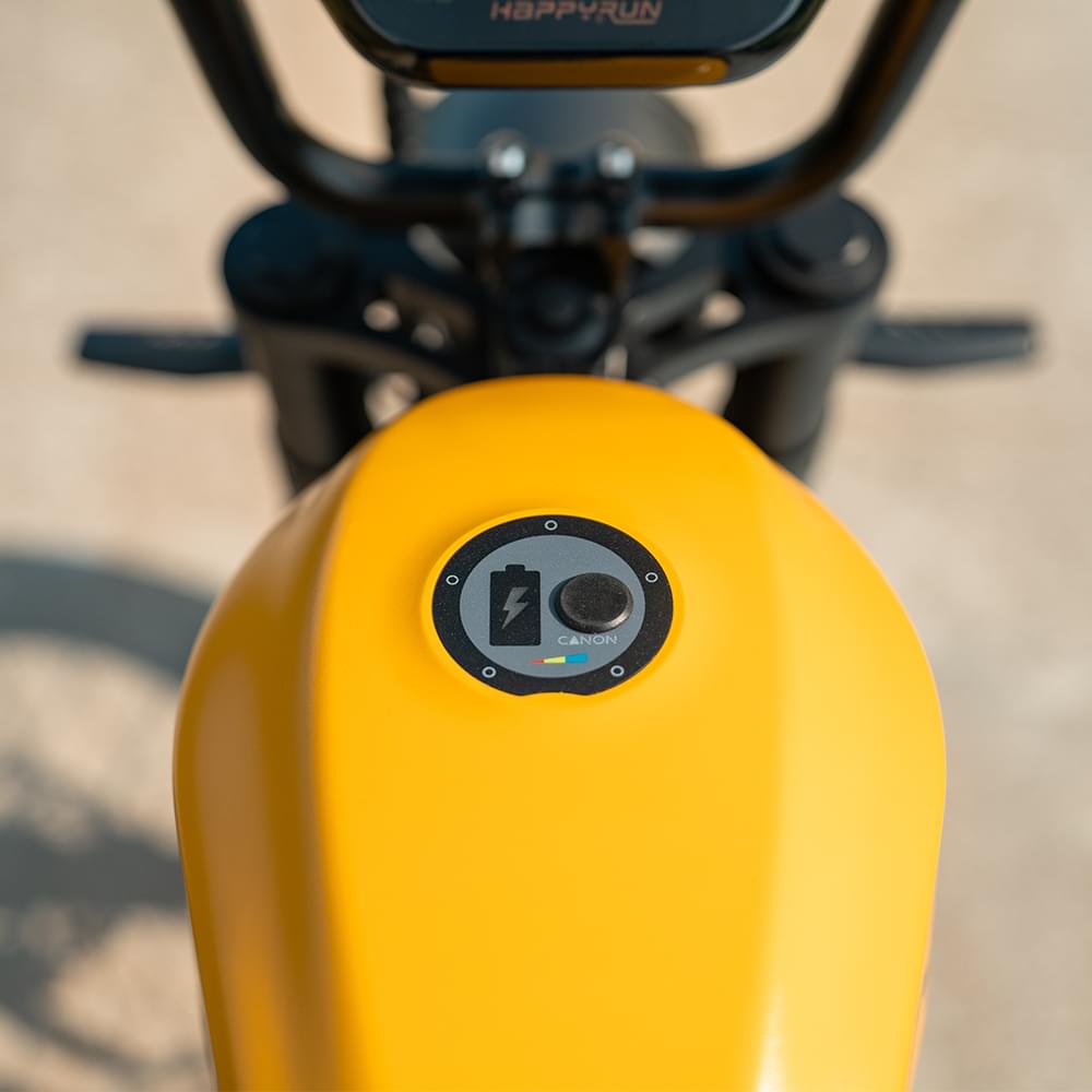 Dual battery system of Yellow HappyRun G100 Pro Dual battery Electric Cargo Bikes. Off-road, all terrain E-bikes with 72V 6000W motor system, fat-tire cruisers to sleek urban commuters. NFC unlock and LED Display, Hydraulic disc drakes, Full Suspension. HappyRun G100 e-bike is similar to Freego Flash F3 Pro Max Dual Motor 750W eBike 55Ah Battery 34 MPH, Voltvogue BK-20 Adult Electric Bike, Segway Xyber Electric Bike, Freego Flash F3 Pro Max Electric Bike, Cheetah MT-380 Dual-Motor Electric Motorbike.