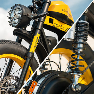 Full suspension yellow HappyRun G100 Pro Dual battery Electric Cargo Bikes. Off-road, all terrain E-bikes with 72V 6000W motor system, fat-tire cruisers to sleek urban commuters. NFC unlock and LED Display, Hydraulic disc drakes, Full Suspension. HappyRun G100 e-bike is similar to Freego Flash F3 Pro Max Dual Motor 750W eBike 55Ah Battery 34 MPH, Voltvogue BK-20 Adult Electric Bike, Segway Xyber Electric Bike, Freego Flash F3 Pro Max Electric Bike, Cheetah MT-380 Dual-Motor Electric Motorbike.