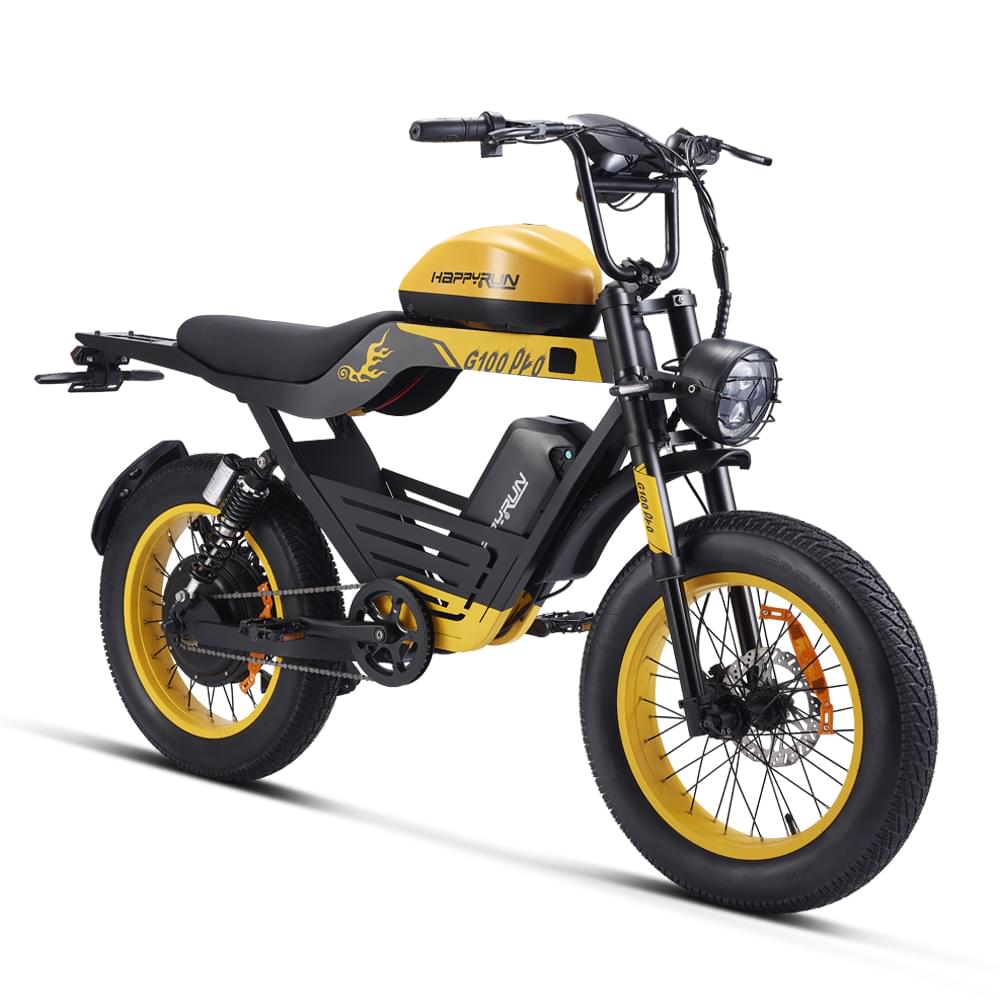 Yellow HappyRun G100 Pro Dual battery Electric Cargo Bikes. Off-road, all terrain E-bikes with 72V 6000W motor system, fat-tire cruisers to sleek urban commuters. NFC unlock and LED Display, Hydraulic disc drakes, Full Suspension. HappyRun G100 e-bike is similar to Freego Flash F3 Pro Max Dual Motor 750W eBike 55Ah Battery 34 MPH, Voltvogue BK-20 Adult Electric Bike, Segway Xyber Electric Bike, Freego Flash F3 Pro Max Electric Bike, Cheetah MT-380 Dual-Motor Electric Motorbike.