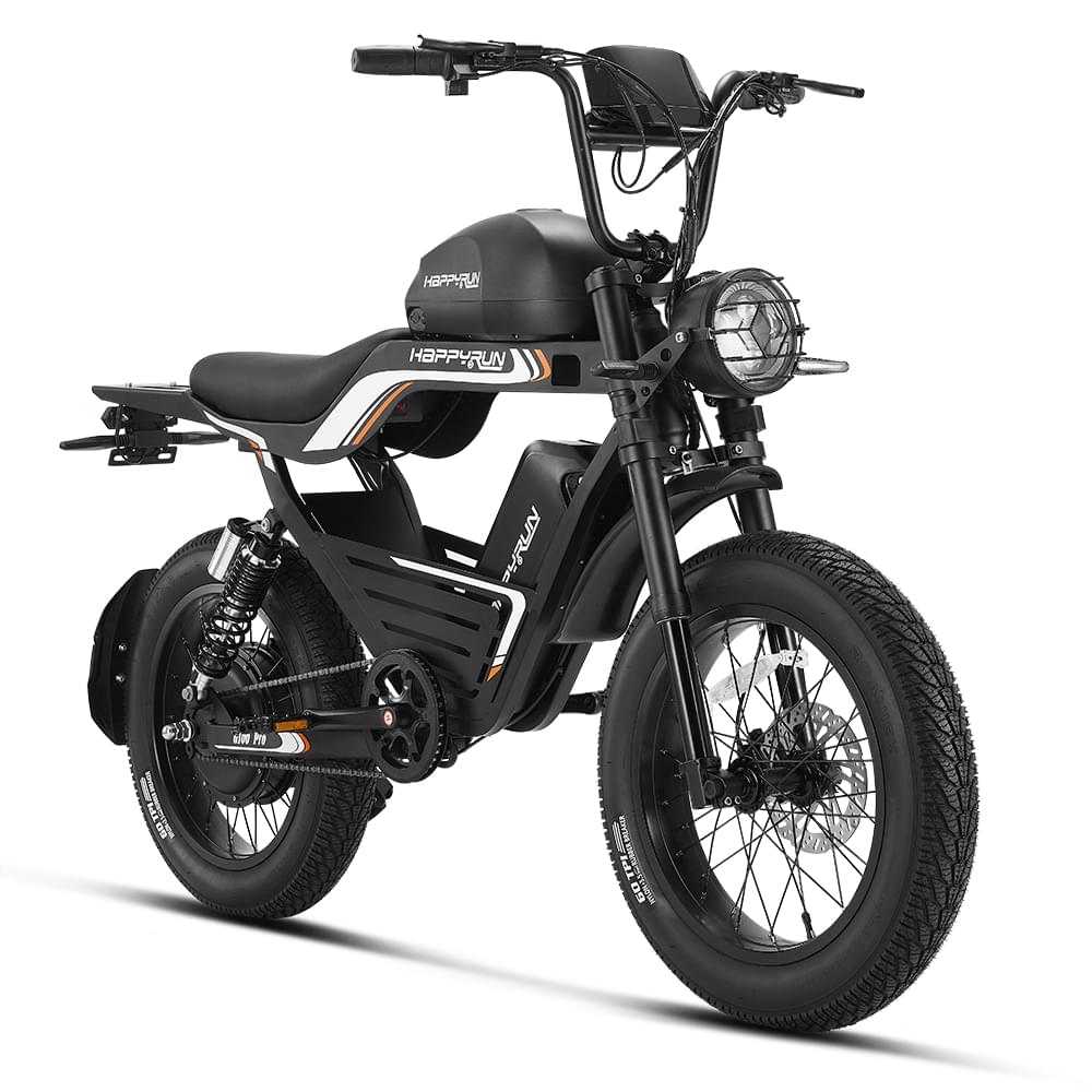 Black HappyRun G100 Pro Dual battery Electric Cargo Bikes. Off-road, all terrain E-bikes with 72V 6000W motor system, fat-tire cruisers to sleek urban commuters. NFC unlock and LED Display, Hydraulic disc drakes, Full Suspension. HappyRun G100 e-bike is similar to Freego Flash F3 Pro Max Dual Motor 750W eBike 55Ah Battery 34 MPH, Voltvogue BK-20 Adult Electric Bike, Segway Xyber Electric Bike, Freego Flash F3 Pro Max Electric Bike, Cheetah MT-380 Dual-Motor Electric Motorbike.