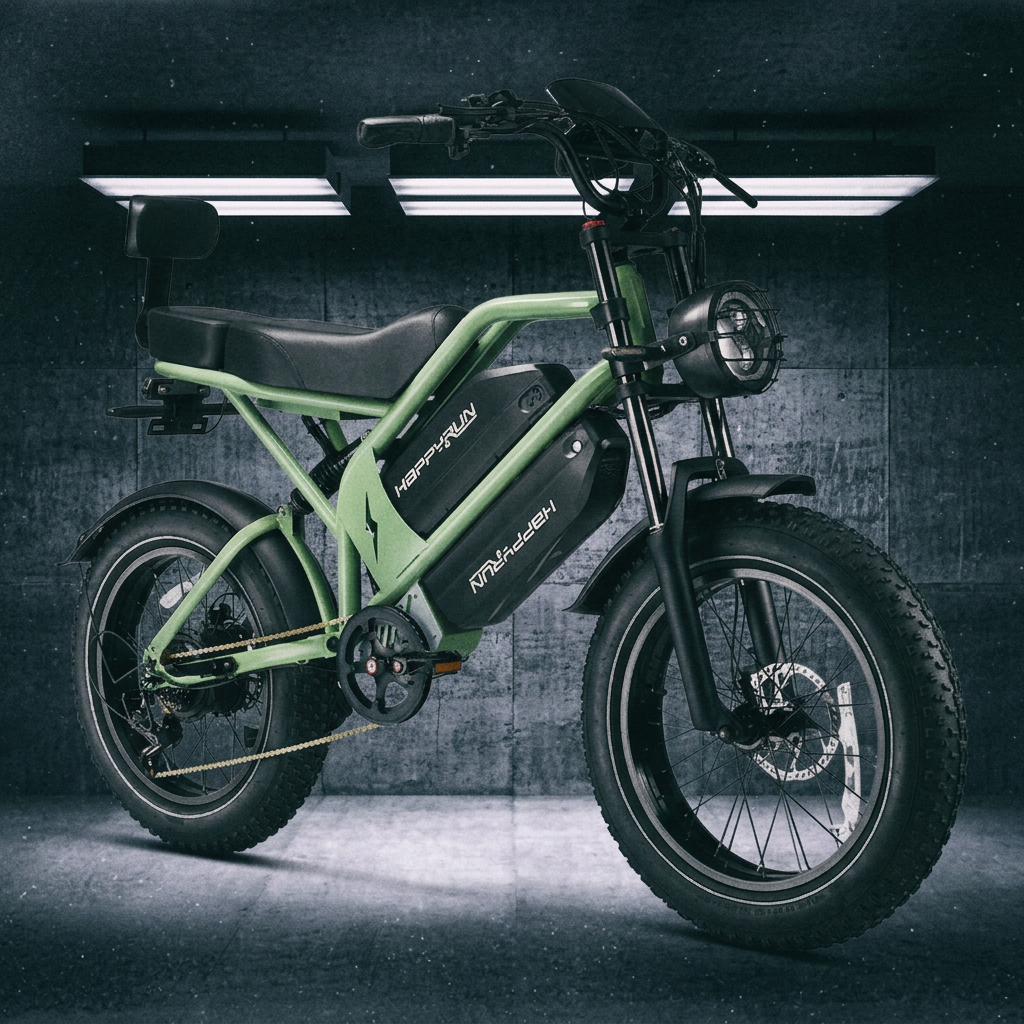 HappyRun G70 750W fat-tire electric cargo bike in matte black, shown from the side against a concrete backdrop, Adult e-bike, featuring a dual battery setup, powerful dual-motor system, aluminum alloy cargo-ready frame, front suspension fork, padded rear cargo seat with backrest, integrated rear cargo rack, hydraulic disc brakes, 7-speed, front LED headlight, and backlit LCD display, Class 3 electric bike built for hauling gear and long-range rides.G70 is similar to Freego Flash F3 Pro Max Dual Motor 750W.