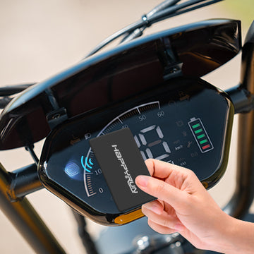 NFC unlock system and LED display of HappyRun G100 Pro Dual battery Electric Cargo Bikes. Off-road, all terrain E-bikes with 72V 6000W motor system, fat-tire cruisers to sleek urban commuters. NFC unlock and LED Display, Hydraulic disc drakes, Full Suspension. HappyRun G100 e-bike is similar to Freego Flash F3 Pro Max Dual Motor 750W eBike 55Ah Battery 34 MPH, Voltvogue BK-20 Adult Electric Bike, Segway Xyber Electric Bike, Freego Flash F3 Pro Max Electric Bike, Cheetah MT-380 Dual-Motor Electric Motorbike.