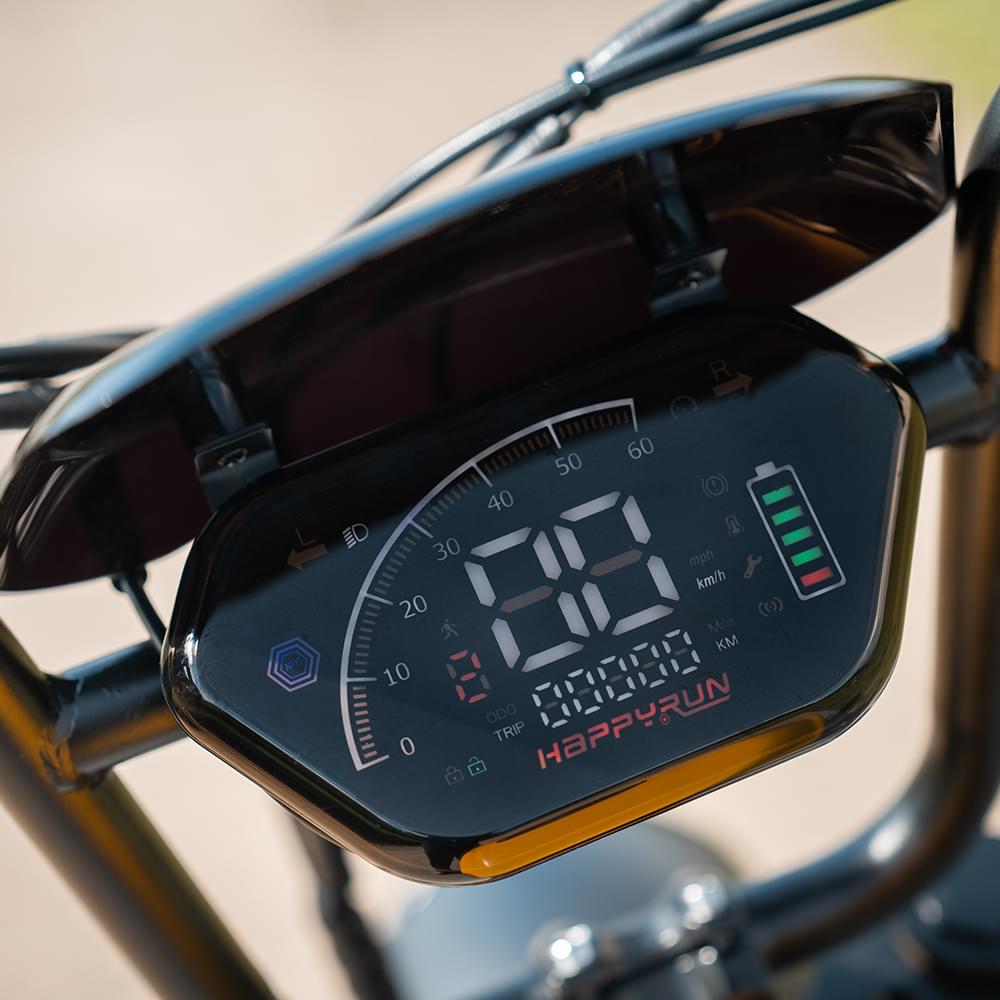 NFC and LED display of HappyRun G100 Pro Dual battery Electric Cargo Bikes. Off-road, all terrain E-bikes with 72V 6000W motor system, fat-tire cruisers to sleek urban commuters. NFC unlock and LED Display, Hydraulic disc drakes, Full Suspension. HappyRun G100 e-bike is similar to Freego Flash F3 Pro Max Dual Motor 750W eBike 55Ah Battery 34 MPH, Voltvogue BK-20 Adult Electric Bike, Segway Xyber Electric Bike, Freego Flash F3 Pro Max Electric Bike, Cheetah MT-380 Dual-Motor Electric Motorbike.