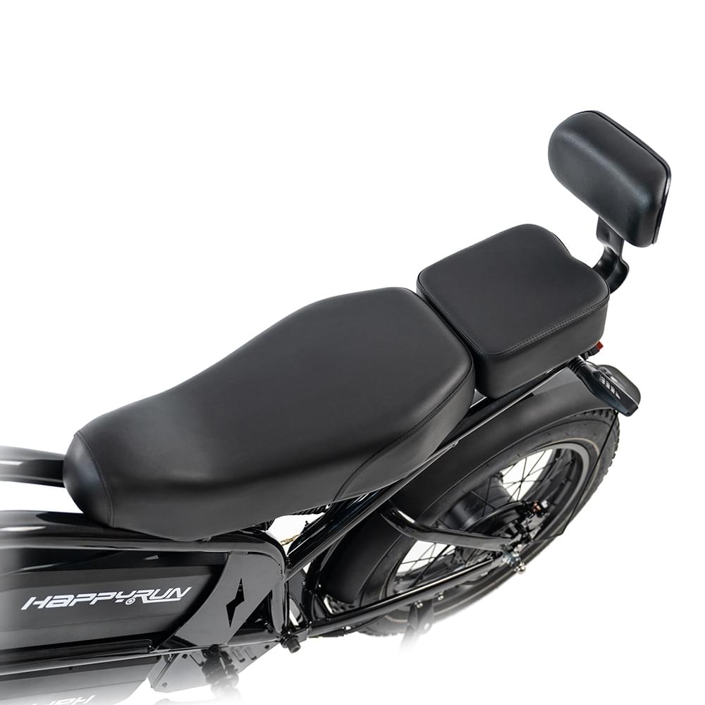 Rear sea of HappyRun G70 750W fat-tire electric cargo bike in matte black color, Adult e-bike featuring a dual battery setup, powerful dual-motor system, aluminum alloy cargo-ready frame, front suspension fork, padded rear cargo seat with backrest, integrated rear cargo rack, hydraulic disc brakes,7-speed, front LED headlight, and backlit LCD display, Class 3 electric bike built for hauling gear and long-range rides. Similar to Macfox Electric Bicycle 48V 500w E-Bike - X7.