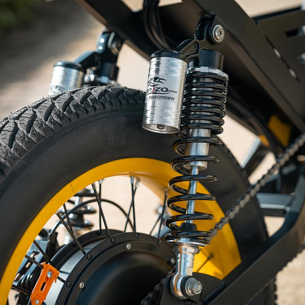 Full suspension of yellow HappyRun G100 Pro Dual battery Electric Cargo Bikes. Off-road, all terrain E-bikes with 72V 6000W motor system, fat-tire cruisers to sleek urban commuters. NFC unlock and LED Display, Hydraulic disc drakes, Full Suspension. HappyRun G100 e-bike is similar to Freego Flash F3 Pro Max Dual Motor 750W eBike 55Ah Battery 34 MPH, Voltvogue BK-20 Adult Electric Bike, Segway Xyber Electric Bike, Freego Flash F3 Pro Max Electric Bike, Cheetah MT-380 Dual-Motor Electric Motorbike.
