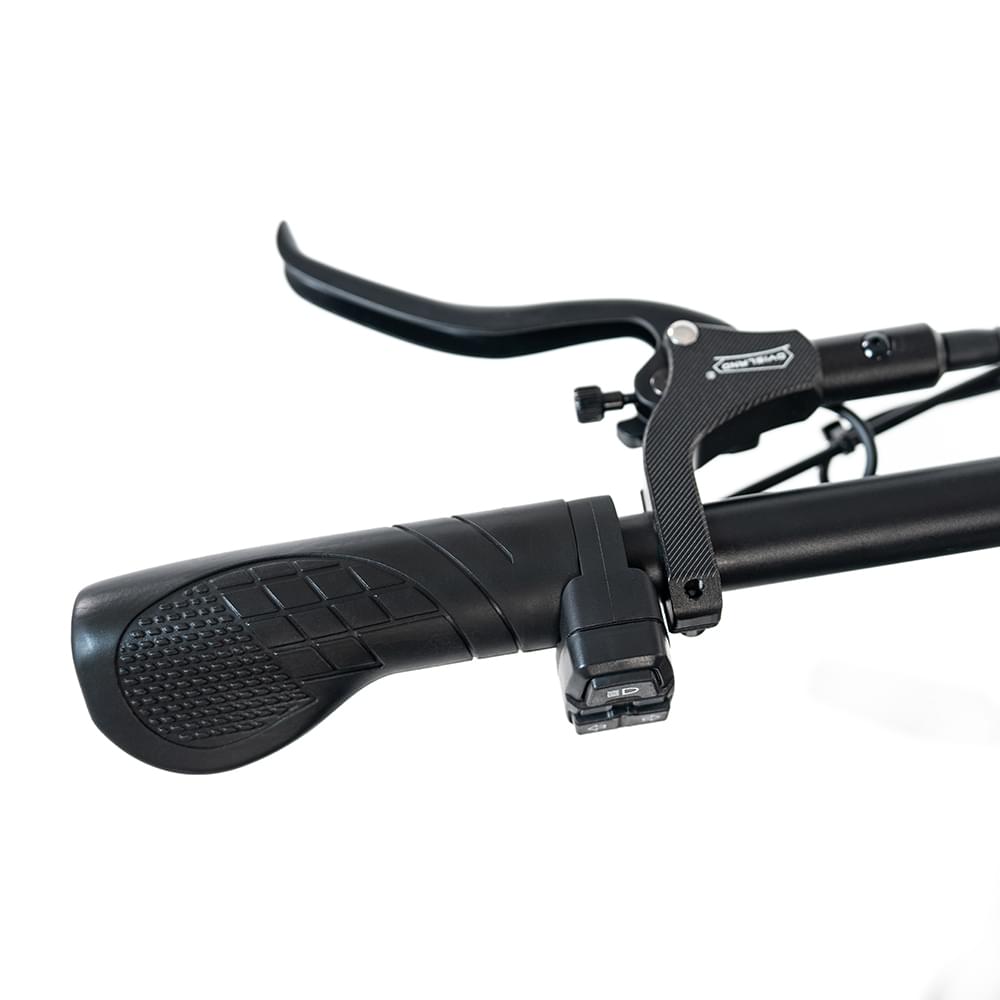 Throttle and pedal assist of HappyRun G70 750W fat-tire electric cargo bike in matte black color, Adult e-bike featuring a dual battery setup, powerful dual-motor system, aluminum alloy cargo-ready frame, front suspension fork, padded rear cargo seat with backrest, integrated rear cargo rack, hydraulic disc brakes,7-speed, front LED headlight, and backlit LCD display, Class 3 electric bike built for hauling gear and long-range rides. Similar to Macfox Electric Bicycle 48V 500w E-Bike - X7.