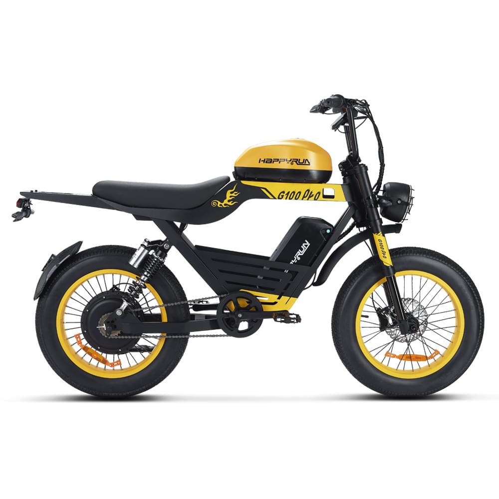 Yellow HappyRun G100 Pro Dual battery Electric Cargo Bikes. Off-road, all terrain E-bikes with 72V 6000W motor system, fat-tire cruisers to sleek urban commuters. NFC unlock and LED Display, Hydraulic disc drakes, Full Suspension. HappyRun G100 e-bike is similar to Freego Flash F3 Pro Max Dual Motor 750W eBike 55Ah Battery 34 MPH, Voltvogue BK-20 Adult Electric Bike, Segway Xyber Electric Bike, Freego Flash F3 Pro Max Electric Bike, Cheetah MT-380 Dual-Motor Electric Motorbike.