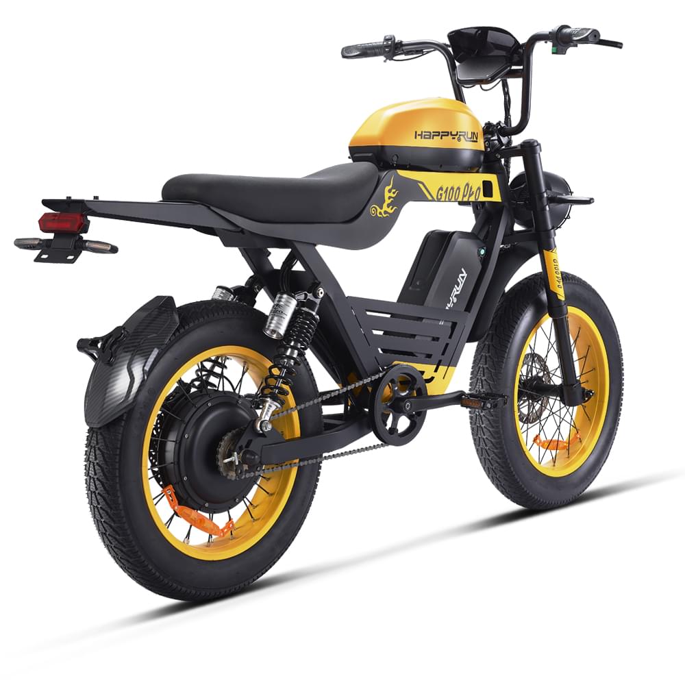 Yellow HappyRun G100 Pro Dual battery Electric Cargo Bikes. Off-road, all terrain E-bikes with 72V 6000W motor system, fat-tire cruisers to sleek urban commuters. NFC unlock and LED Display, Hydraulic disc drakes, Full Suspension. HappyRun G100 e-bike is similar to Freego Flash F3 Pro Max Dual Motor 750W eBike 55Ah Battery 34 MPH, Voltvogue BK-20 Adult Electric Bike, Segway Xyber Electric Bike, Freego Flash F3 Pro Max Electric Bike, Cheetah MT-380 Dual-Motor Electric Motorbike.