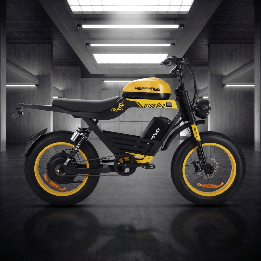 Yellow HappyRun G100 Pro Dual battery Electric Cargo Bikes. Off-road, all terrain E-bikes with 72V 6000W motor system, fat-tire cruisers to sleek urban commuters. NFC unlock and LED Display, Hydraulic disc drakes, Full Suspension. HappyRun G100 e-bike is similar to Freego Flash F3 Pro Max Dual Motor 750W eBike 55Ah Battery 34 MPH, Voltvogue BK-20 Adult Electric Bike, Segway Xyber Electric Bike, Freego Flash F3 Pro Max Electric Bike, Cheetah MT-380 Dual-Motor Electric Motorbike.