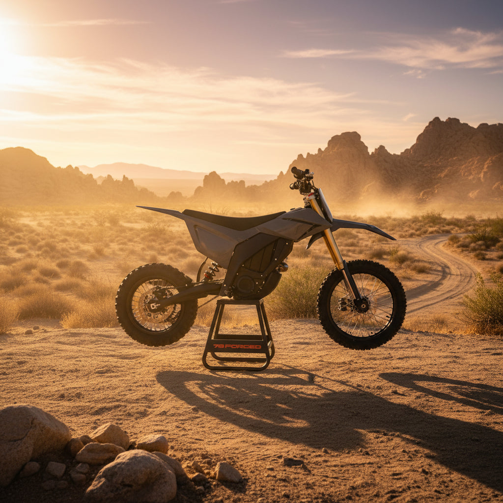 A black electric dirt bike with gold front fork accents is shown on a black metal display stand in a moody, smoky studio setting with blue and green lighting. ebike moto
electric pit bike
light electric motorcycle
off road electric bike
adult electric dirt bike
high performance e-dirt bike surron alternative
talaria vs surron
Dust Moto
best electric pit bike for adults
custom electric dirt bike builds
street legal electric dirt bike
forged frame electric moto long range electric dirt