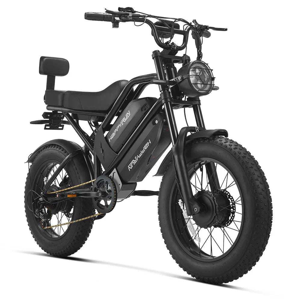 Angle view of HappyRun G70 750W fat-tire electric cargo bike in matte black color, Adult e-bike featuring a dual battery setup, powerful dual-motor system, aluminum alloy cargo-ready frame, front suspension fork, padded rear cargo seat with backrest, integrated rear cargo rack, hydraulic disc brakes, 7-speed, front LED headlight, and backlit LCD display, Class 3 electric bike built for hauling gear and long-range rides. Similar to Macfox Electric Bicycle 48V 500w E-Bike - X7, KETELES Electric Bike for Adult