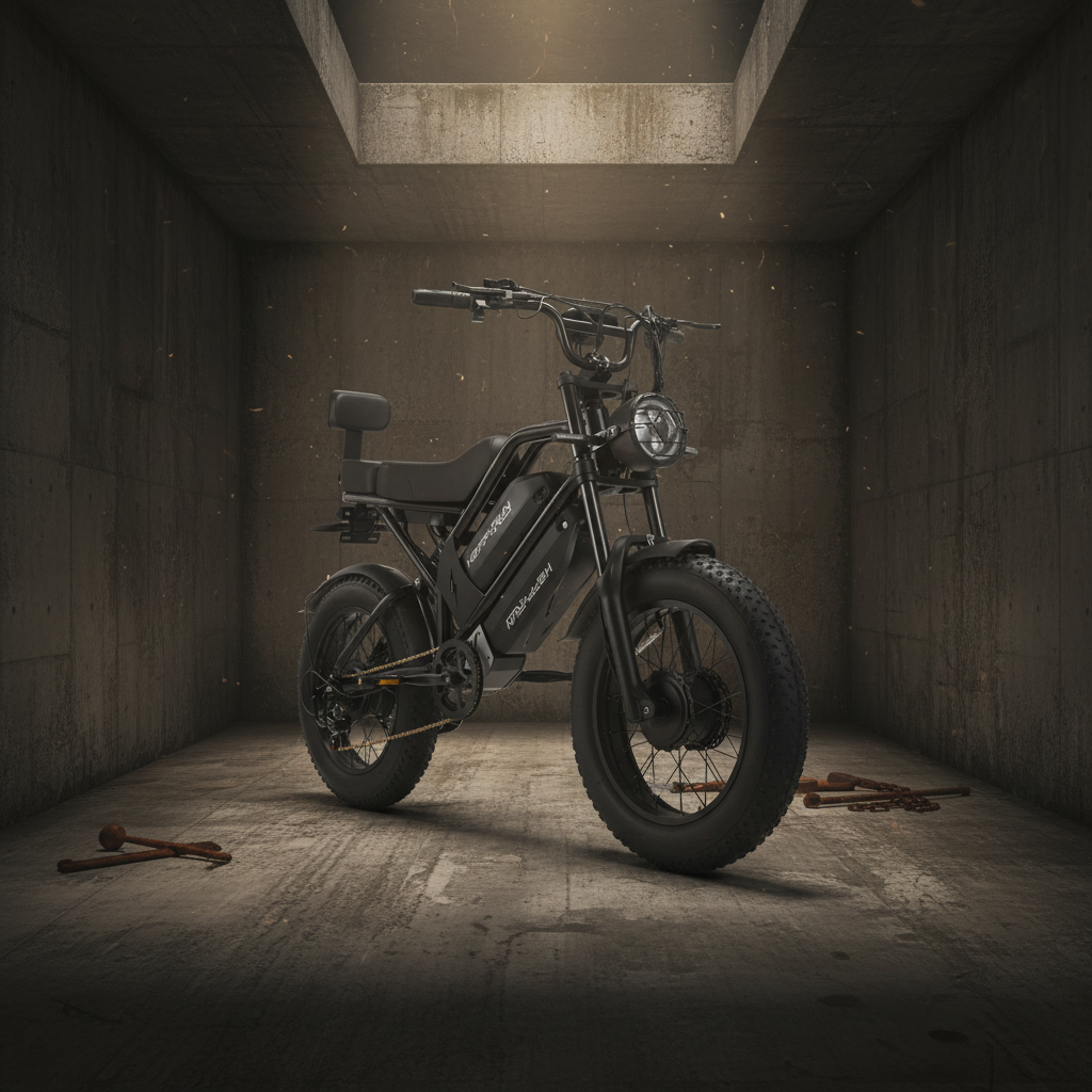 Black electric bike with large wheels on a white background jailbreakable. HappyRun G70 750W fat-tire electric cargo bike in matte black, shown from the angle against a concrete backdrop, Adult e-bike, featuring a dual battery setup, powerful dual-motor system, aluminum alloy cargo-ready frame, front suspension fork, padded rear cargo seat with backrest, integrated rear cargo rack, hydraulic disc brakes, 7-speed, front LED headlight, and backlit LCD display, Class 3 electric bike built.
