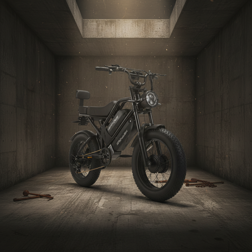 Black electric bike with large wheels on a white background jailbreakable. HappyRun G70 750W fat-tire electric cargo bike in matte black, shown from the angle against a concrete backdrop, Adult e-bike, featuring a dual battery setup, powerful dual-motor system, aluminum alloy cargo-ready frame, front suspension fork, padded rear cargo seat with backrest, integrated rear cargo rack, hydraulic disc brakes, 7-speed, front LED headlight, and backlit LCD display, Class 3 electric bike built.