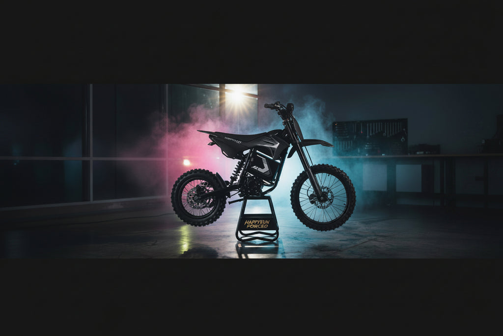 A black electric dirt bike with knobby tires is displayed on a black stand in a dark studio setting with dramatic pink and blue smoke and a bright light in the background. The stand features the brand name 'HAPPYRUN FORCED'.