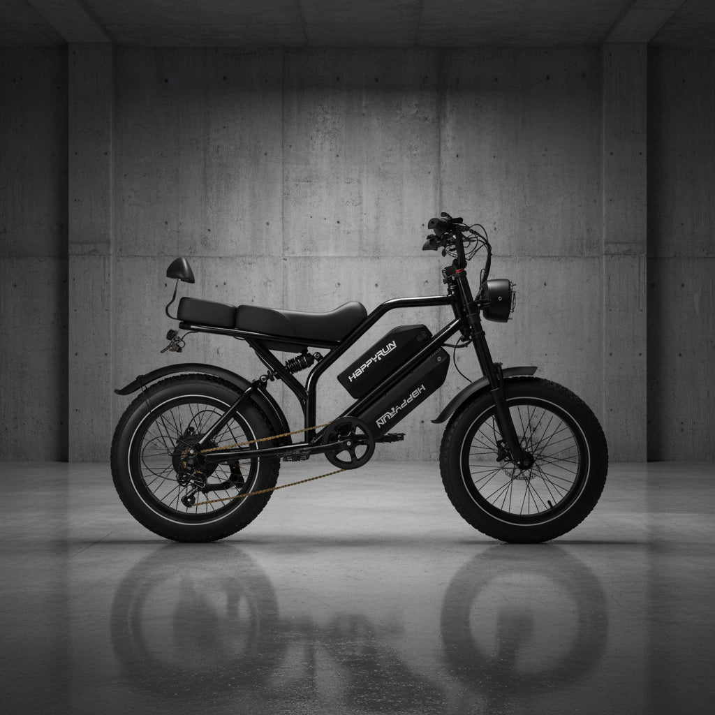 HappyRun G70 750W fat-tire electric cargo bike in matte black, shown from the side against a concrete backdrop, Adult e-bike, featuring a dual battery setup, powerful dual-motor system, aluminum alloy cargo-ready frame, front suspension fork, padded rear cargo seat with backrest, integrated rear cargo rack, hydraulic disc brakes, 7-speed, front LED headlight, and backlit LCD display, Class 3 electric bike built for hauling gear and long-range rides.G70 is similar to Freego Flash F3 Pro Max Dual Motor 750W.