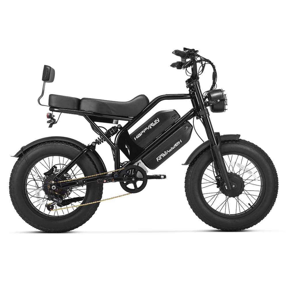 Side view of HappyRun G70 750W fat-tire electric cargo bike in matte black color, Adult e-bike featuring a dual battery setup, powerful dual-motor system, aluminum alloy cargo-ready frame, front suspension fork, padded rear cargo seat with backrest, integrated rear cargo rack, hydraulic disc brakes,7-speed, front LED headlight, and backlit LCD display, Class 3 electric bike built for hauling gear and long-range rides. Similar to Macfox Electric Bicycle 48V 500w E-Bike - X7, KETELES Electric Bike for Adult.