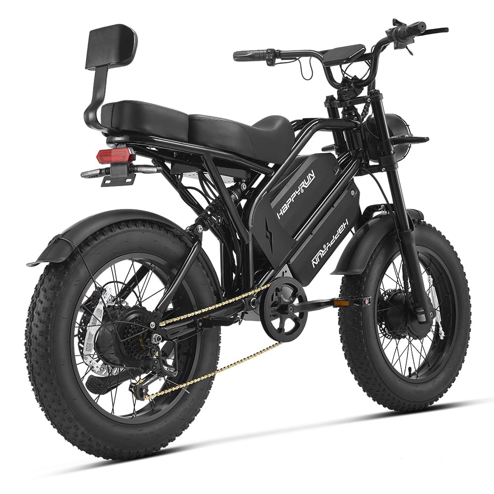Back view of HappyRun G70 750W fat-tire electric cargo bike in matte black color, Adult e-bike featuring a dual battery setup, powerful dual-motor system, aluminum alloy cargo-ready frame, front suspension fork, padded rear cargo seat with backrest, integrated rear cargo rack, hydraulic disc brakes,7-speed, front LED headlight, and backlit LCD display, Class 3 electric bike built for hauling gear and long-range rides. Similar to Macfox Electric Bicycle 48V 500w E-Bike - X7, KETELES Electric Bike for Adult.