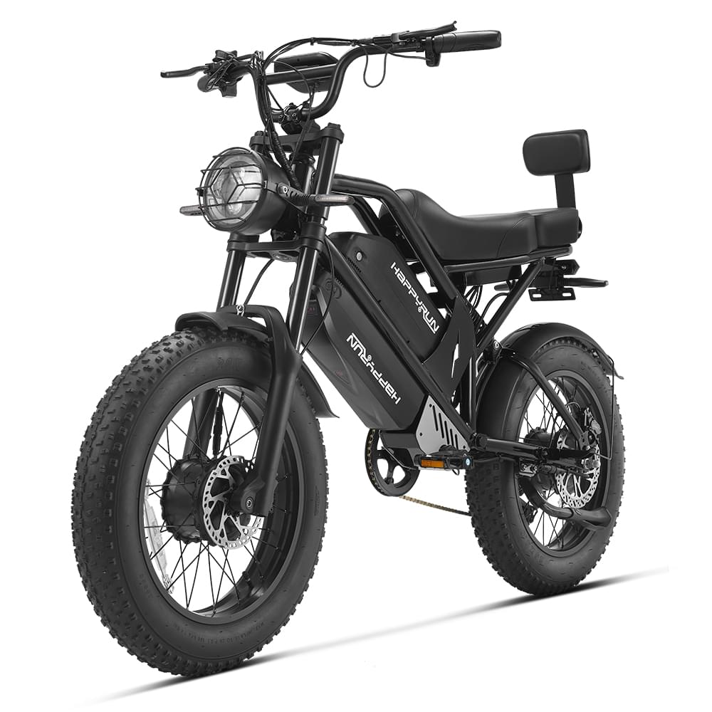 Angle view of HappyRun G70 750W fat-tire electric cargo bike in matte black color, Adult e-bike featuring a dual battery setup, powerful dual-motor system, aluminum alloy cargo-ready frame, front suspension fork, padded rear cargo seat with backrest, integrated rear cargo rack, hydraulic disc brakes,7-speed, front LED headlight, and backlit LCD display, Class 3 electric bike built for hauling gear and long-range rides. Similar to Macfox Electric Bicycle 48V 500w E-Bike - X7, KETELES Electric Bike for Adult.