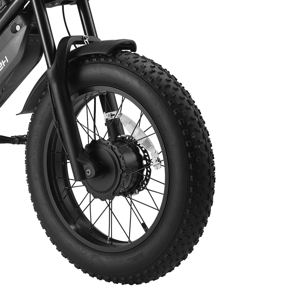 premium off road fat tire of HappyRun G70 750W fat-tire electric cargo bike in matte black color, Adult e-bike featuring a dual battery setup, powerful dual-motor system, aluminum alloy cargo-ready frame, front suspension fork, padded rear cargo seat with backrest, integrated rear cargo rack, hydraulic disc brakes,7-speed, front LED headlight, and backlit LCD display, Class 3 electric bike built for hauling gear and long-range rides. Similar to Macfox Electric Bicycle 48V 500w E-Bike - X7.