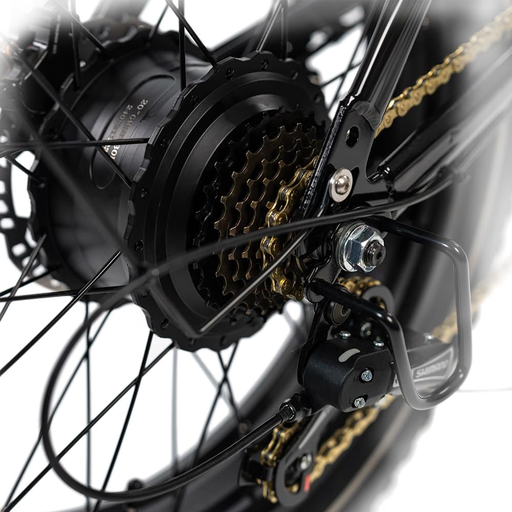 hydraulic disc brakes HappyRun G70 750W fat-tire electric cargo bike in matte black color, Adult e-bike featuring a dual battery setup, powerful dual-motor system, aluminum alloy cargo-ready frame, front suspension fork, padded rear cargo seat with backrest, integrated rear cargo rack, hydraulic disc brakes,7-speed, front LED headlight, and backlit LCD display, Class 3 electric bike built for hauling gear and long-range rides. Similar to Macfox Electric Bicycle 48V 500w E-Bike - X7.