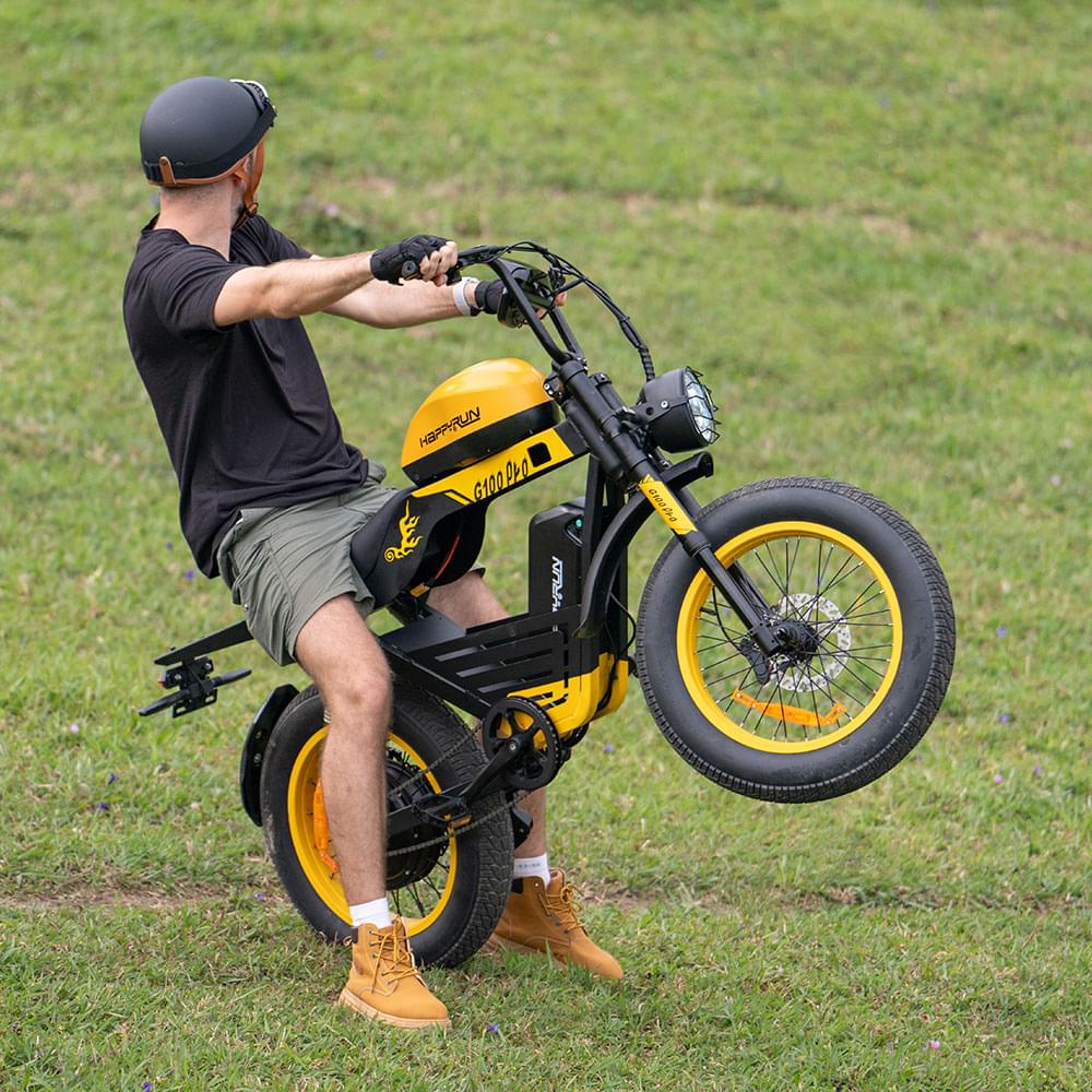 Yellow HappyRun G100 Pro Dual battery Electric Cargo Bikes. Off-road, all terrain E-bikes with 72V 6000W motor system, fat-tire cruisers to sleek urban commuters. NFC unlock and LED Display, Hydraulic disc drakes, Full Suspension. HappyRun G100 e-bike is similar to Freego Flash F3 Pro Max Dual Motor 750W eBike 55Ah Battery 34 MPH, Voltvogue BK-20 Adult Electric Bike, Segway Xyber Electric Bike, Freego Flash F3 Pro Max Electric Bike, Cheetah MT-380 Dual-Motor Electric Motorbike.