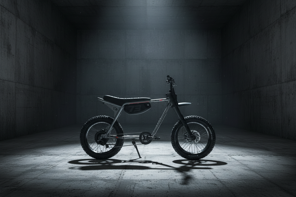 A black electric dirt bike with knobby tires, a short black seat, and a dark metallic frame, shown from a side profile on a white studio background.