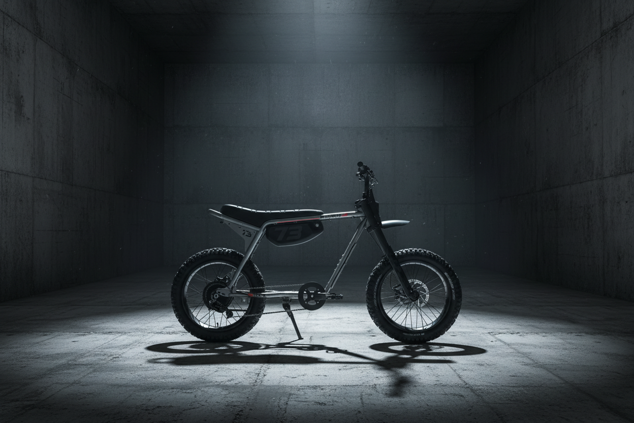 A black electric dirt bike with knobby tires, a short black seat, and a dark metallic frame, shown from a side profile on a white studio background.