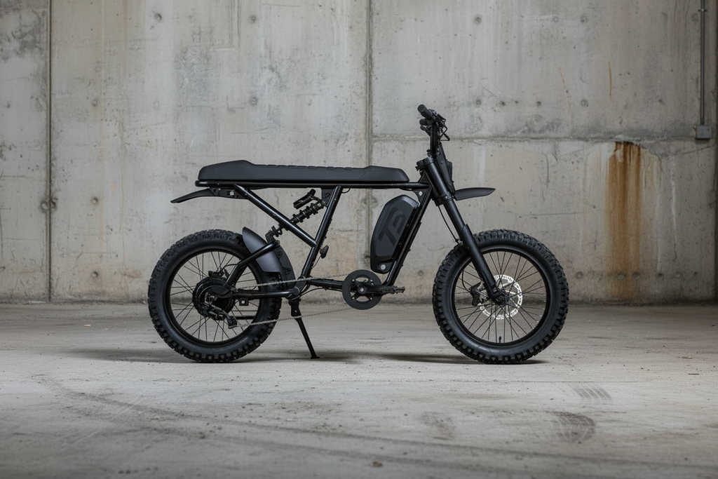 A black electric fat-tire bike with a step-through frame, rear cargo platform, and front suspension, shown in profile against a white background.