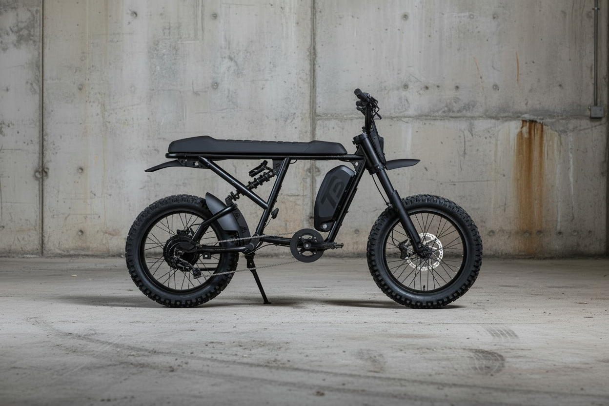 A black electric fat-tire bike with a step-through frame, rear cargo platform, and front suspension, shown in profile against a white background.