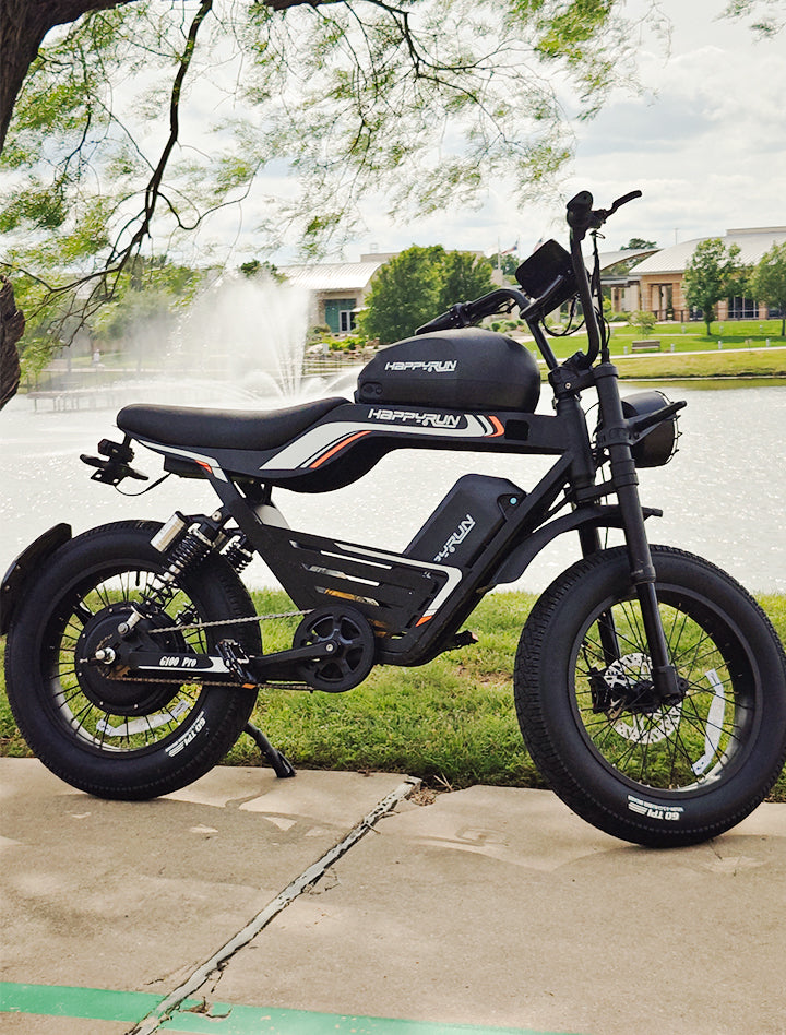 Black HappyRun G100 Pro Dual battery Electric Cargo Bikes. Off-road, all terrain E-bikes with 72V 6000W motor system, fat-tire cruisers to sleek urban commuters. NFC unlock and LED Display, Hydraulic disc drakes, Full Suspension. HappyRun G100 e-bike is similar to Freego Flash F3 Pro Max Dual Motor 750W eBike 55Ah Battery 34 MPH, Voltvogue BK-20 Adult Electric Bike, Segway Xyber Electric Bike, Freego Flash F3 Pro Max Electric Bike, Cheetah MT-380 Dual-Motor Electric Motorbike.